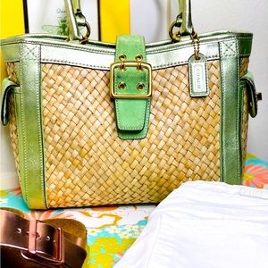 Coach Natural Straw Green Leather Box Tote Handbag (Rare & Vintage)